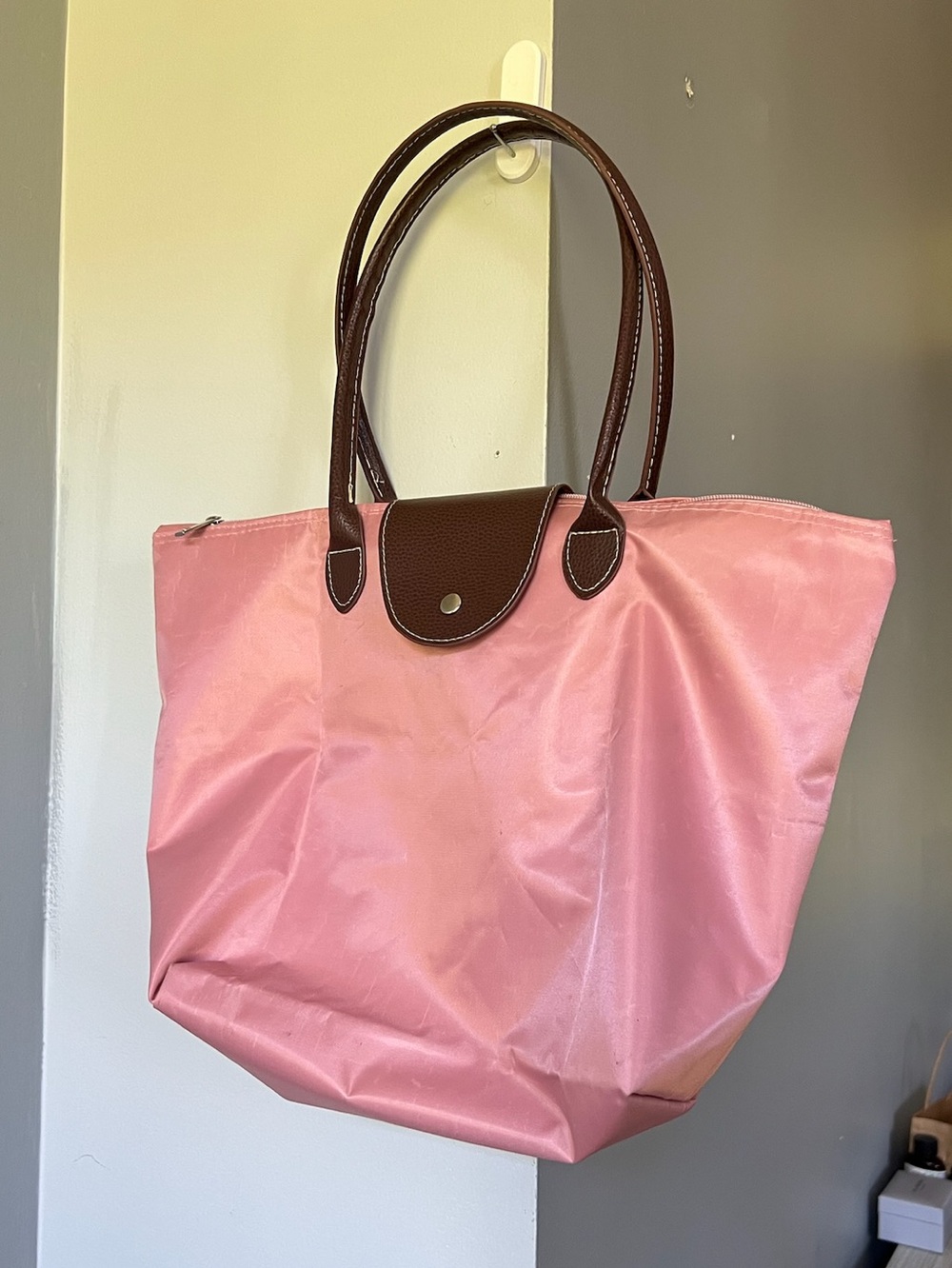 Warm pink nylon packable bag